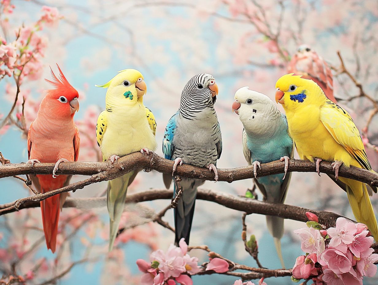 Colorful budgerigars perched on a branch