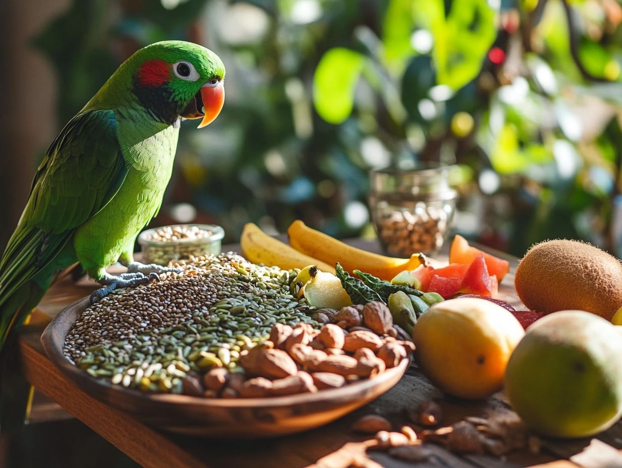 A colorful selection of fruits and vegetables for bird diets