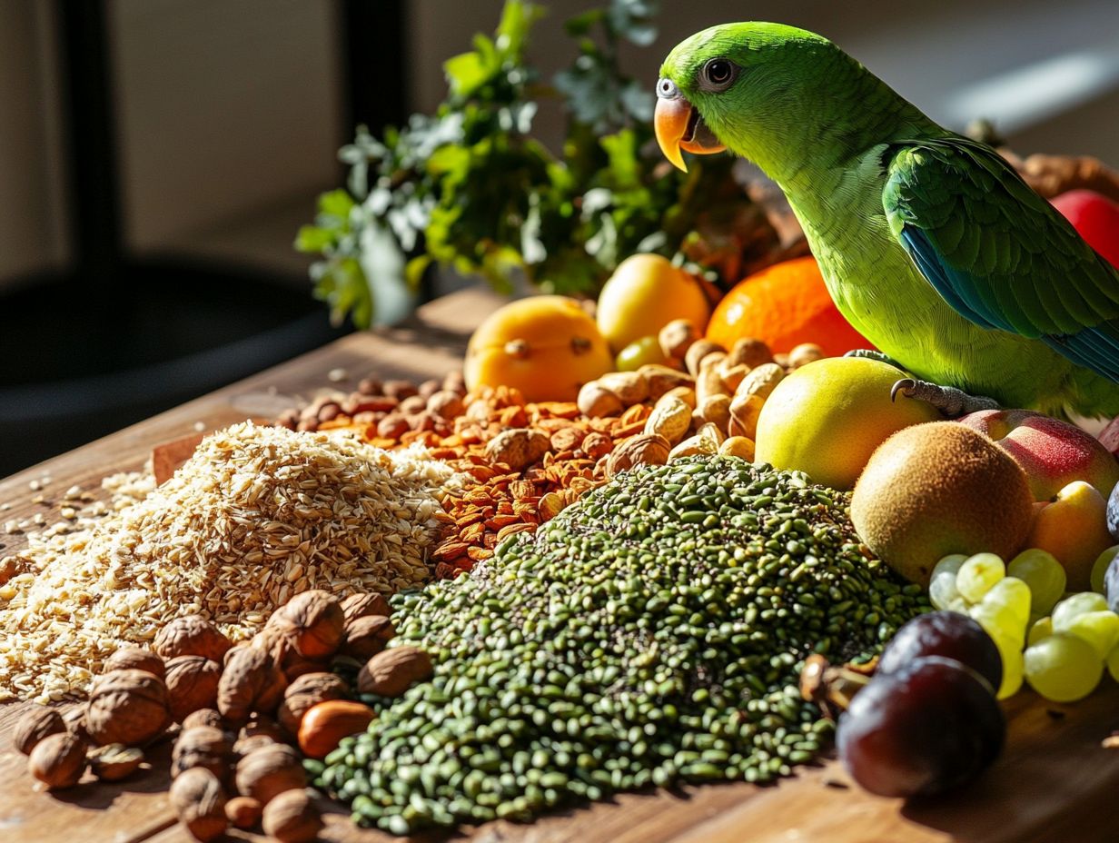 A colorful assortment of fruits and vegetables suitable for birds.