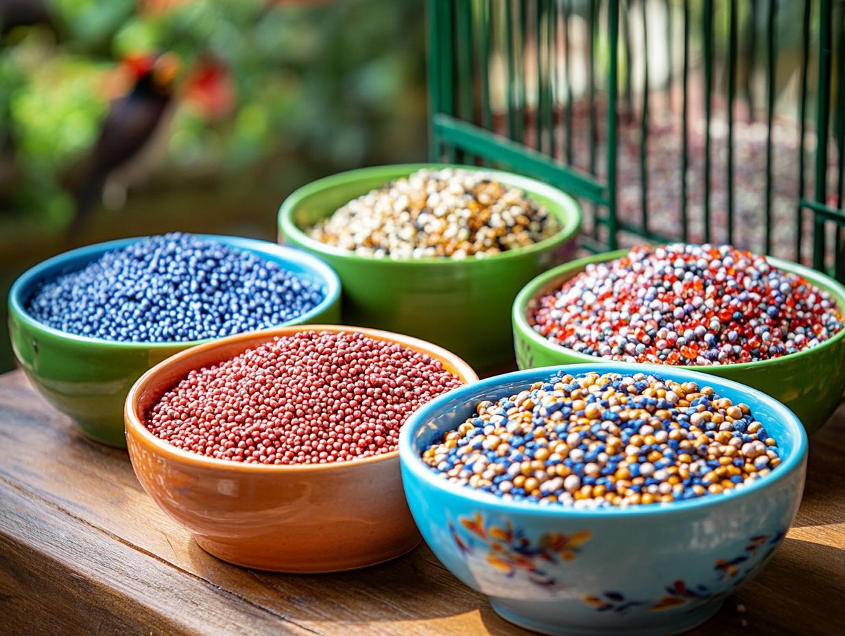 Healthy pet birds enjoying their pellets