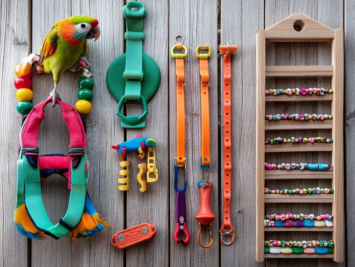 An assortment of puzzle toys and foraging devices for pet birds