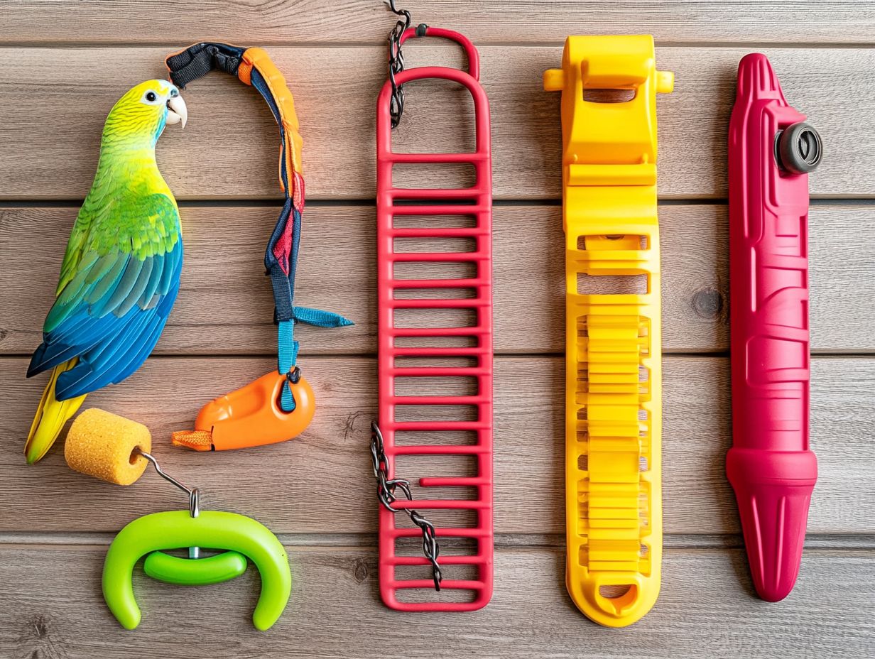 A bird happily perched on a training perch, showcasing the benefits of positive reinforcement in training.