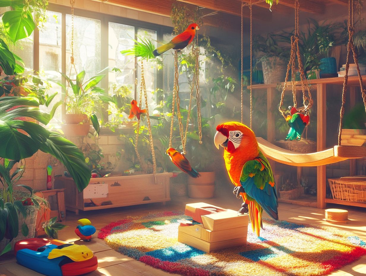 A vibrant parrot enjoying a variety of enrichment activities