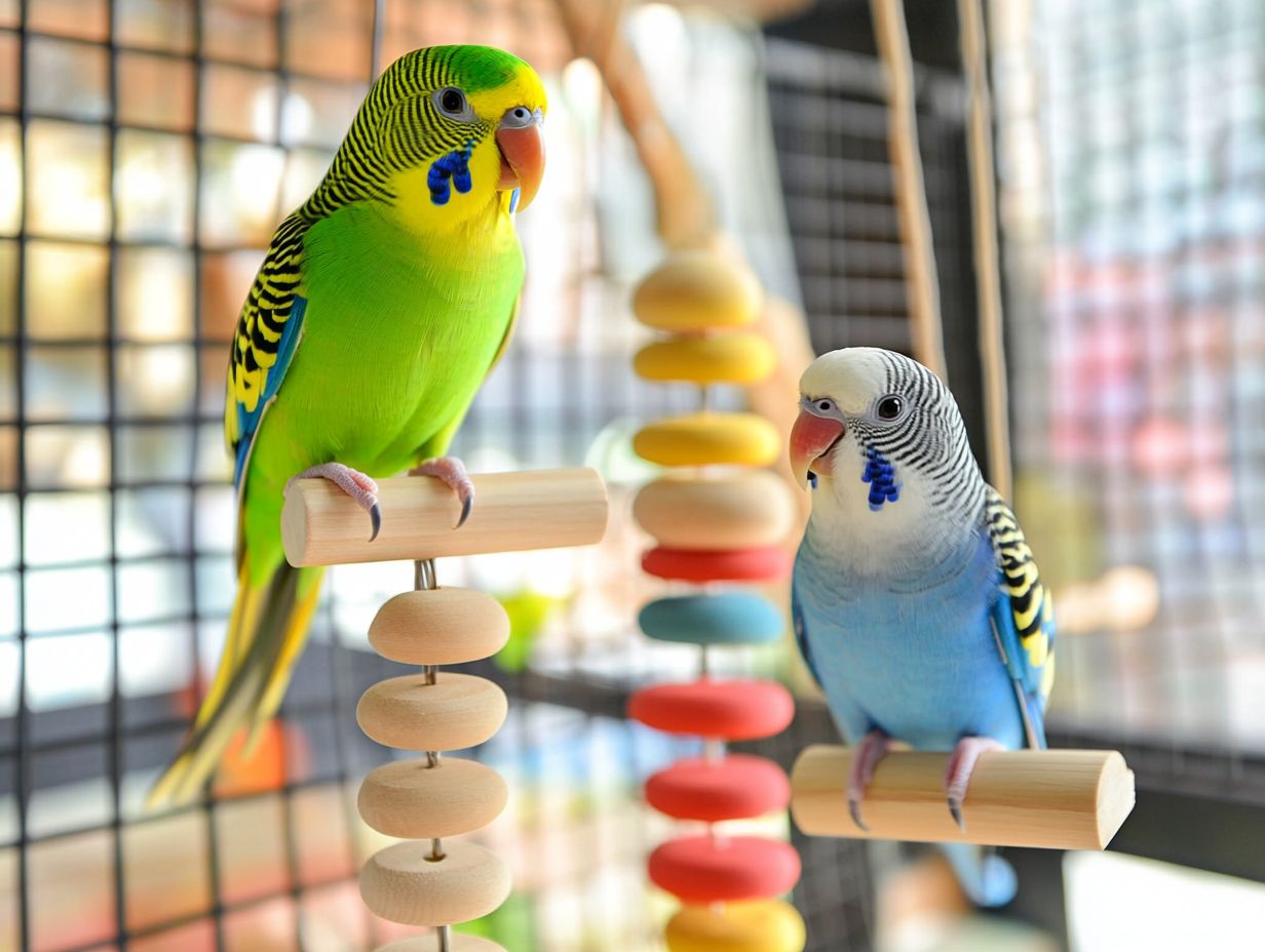 A colorful selection of natural wood toys for birds