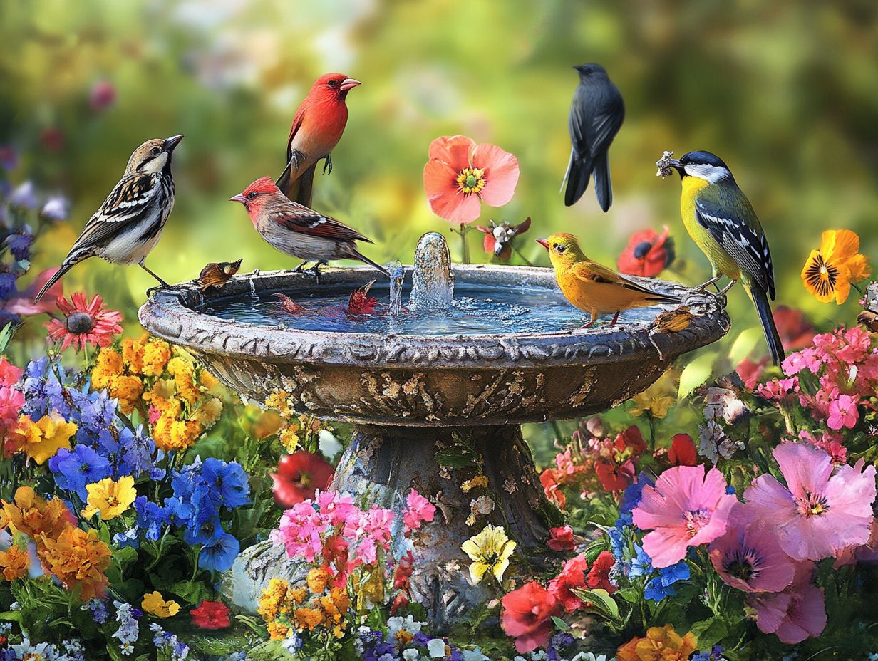 A beautifully decorated birdbath surrounded by natural elements