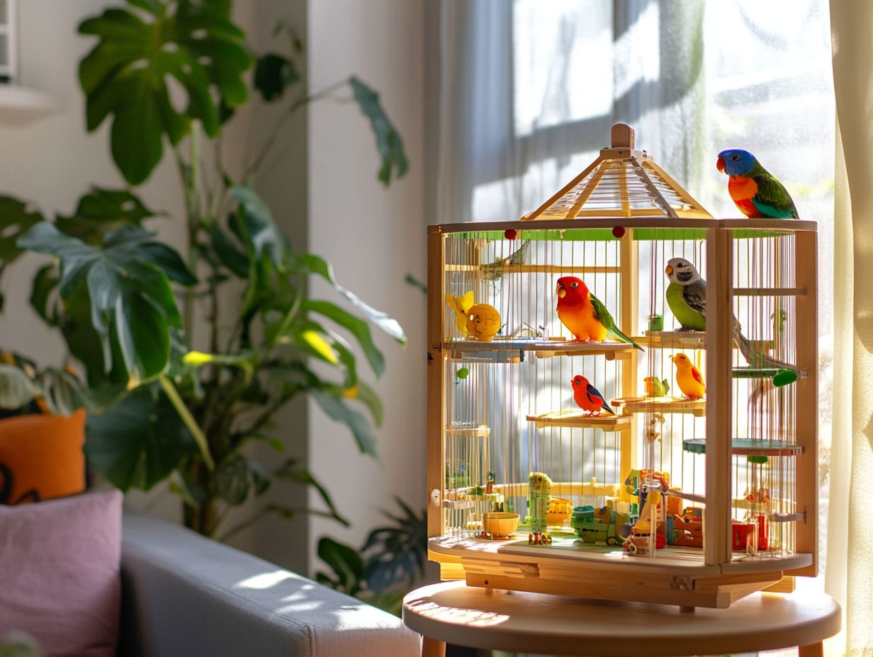 A spacious aviary filled with natural elements for pet birds