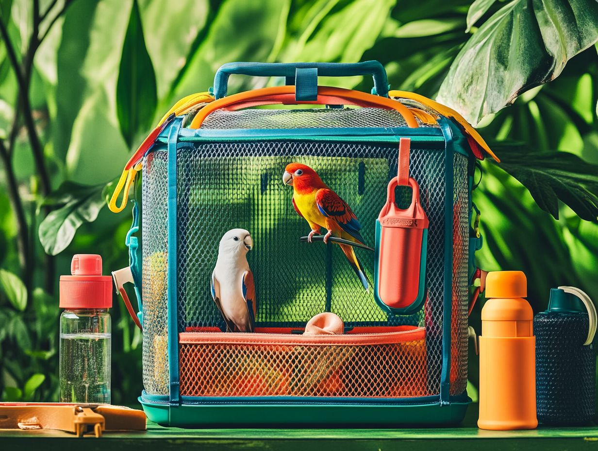 Illustration of essential bird accessories for stress-free travel.