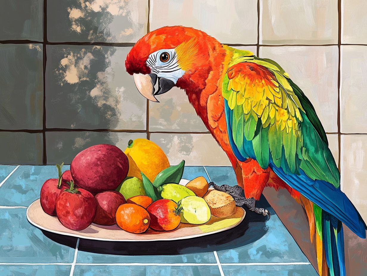 A colorful assortment of human foods that are safe for pet birds, including fruits and vegetables.