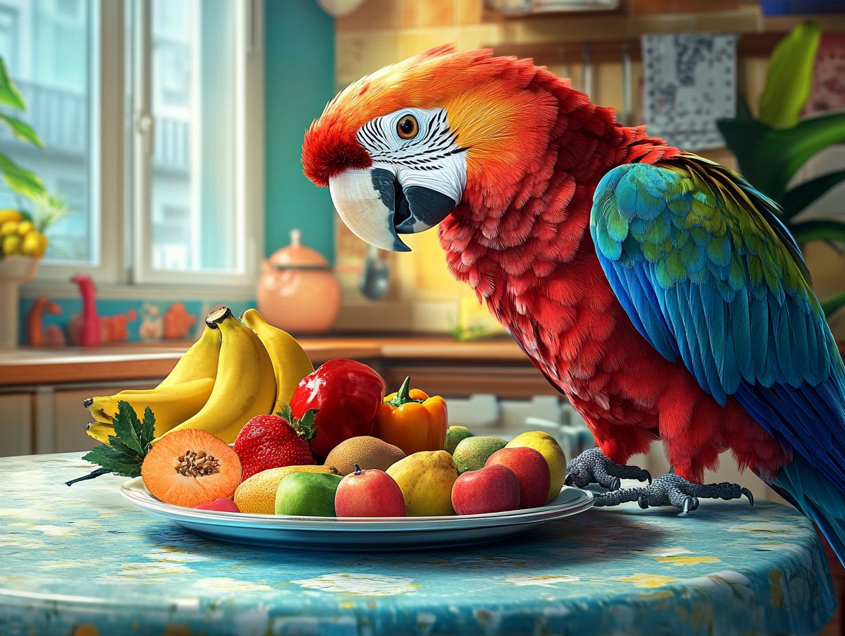 A colorful assortment of human foods that are safe for pet birds, including fruits and vegetables.