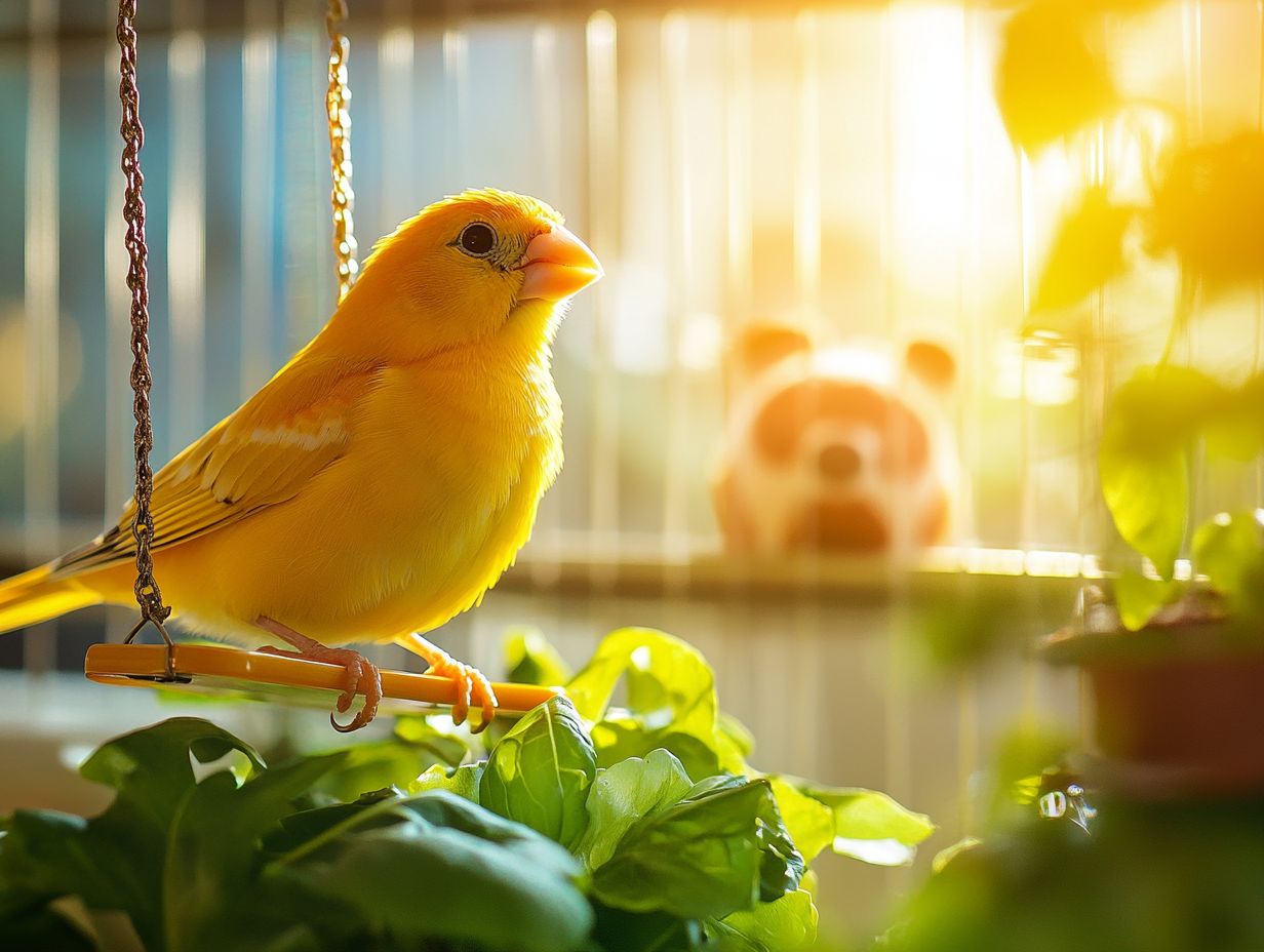 Image of a healthy canary in its clean cage.