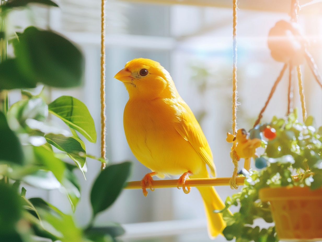 Image of a healthy canary in its clean cage.