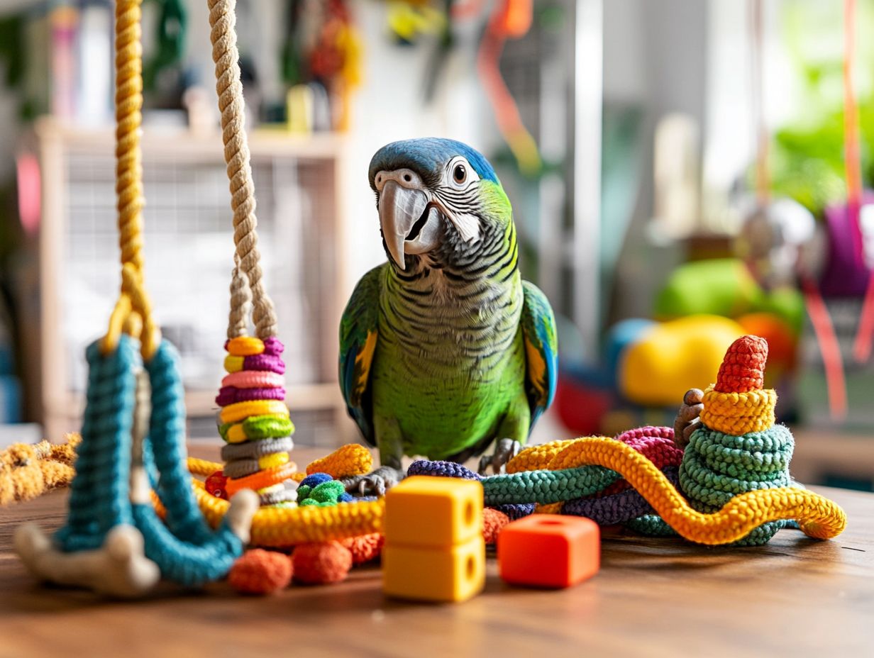 A selection of colorful toys for pet birds