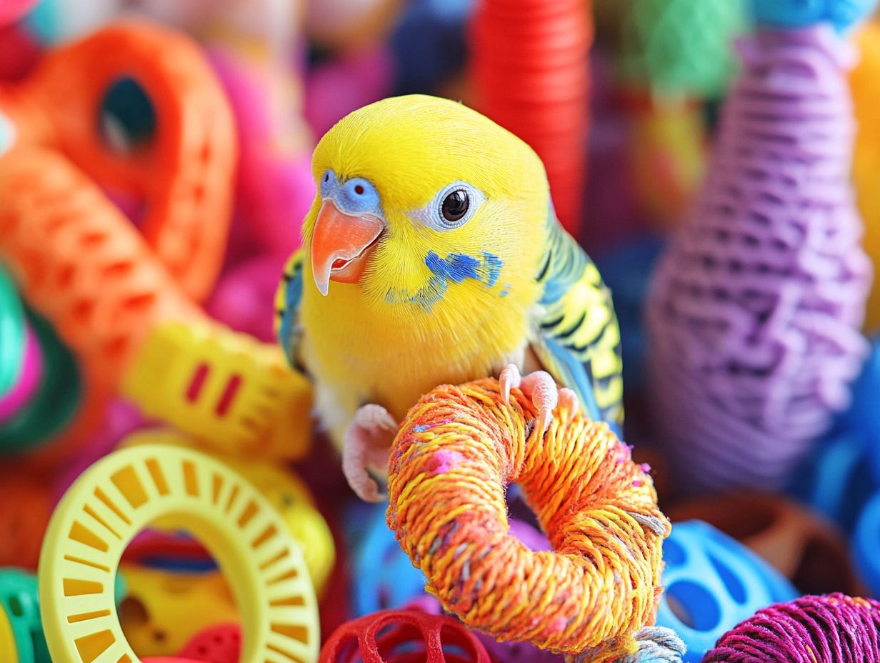 A bird playing with safe and colorful toys