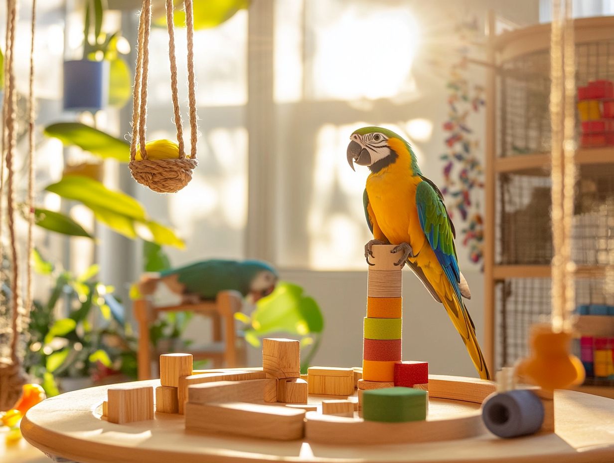 Image of colorful bird toy and a bird playing with it