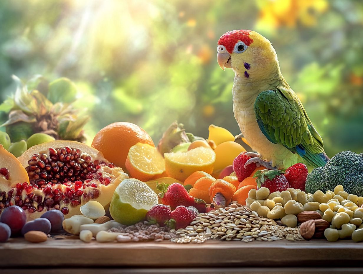 A variety of recommended foods for pet birds