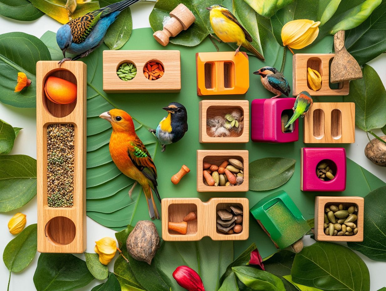 A variety of engaging foraging toys for pet birds.