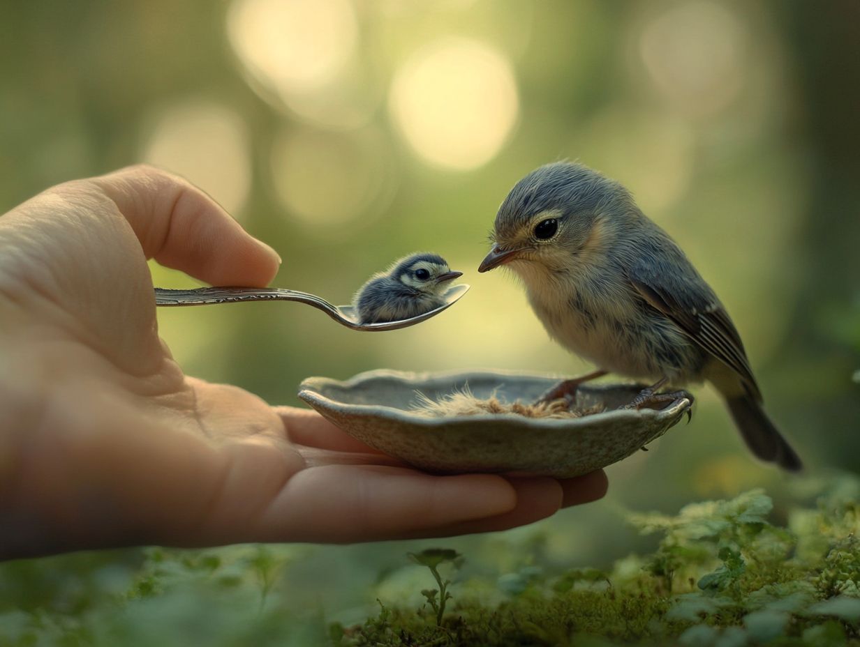 A caregiver feeding a baby bird with special needs