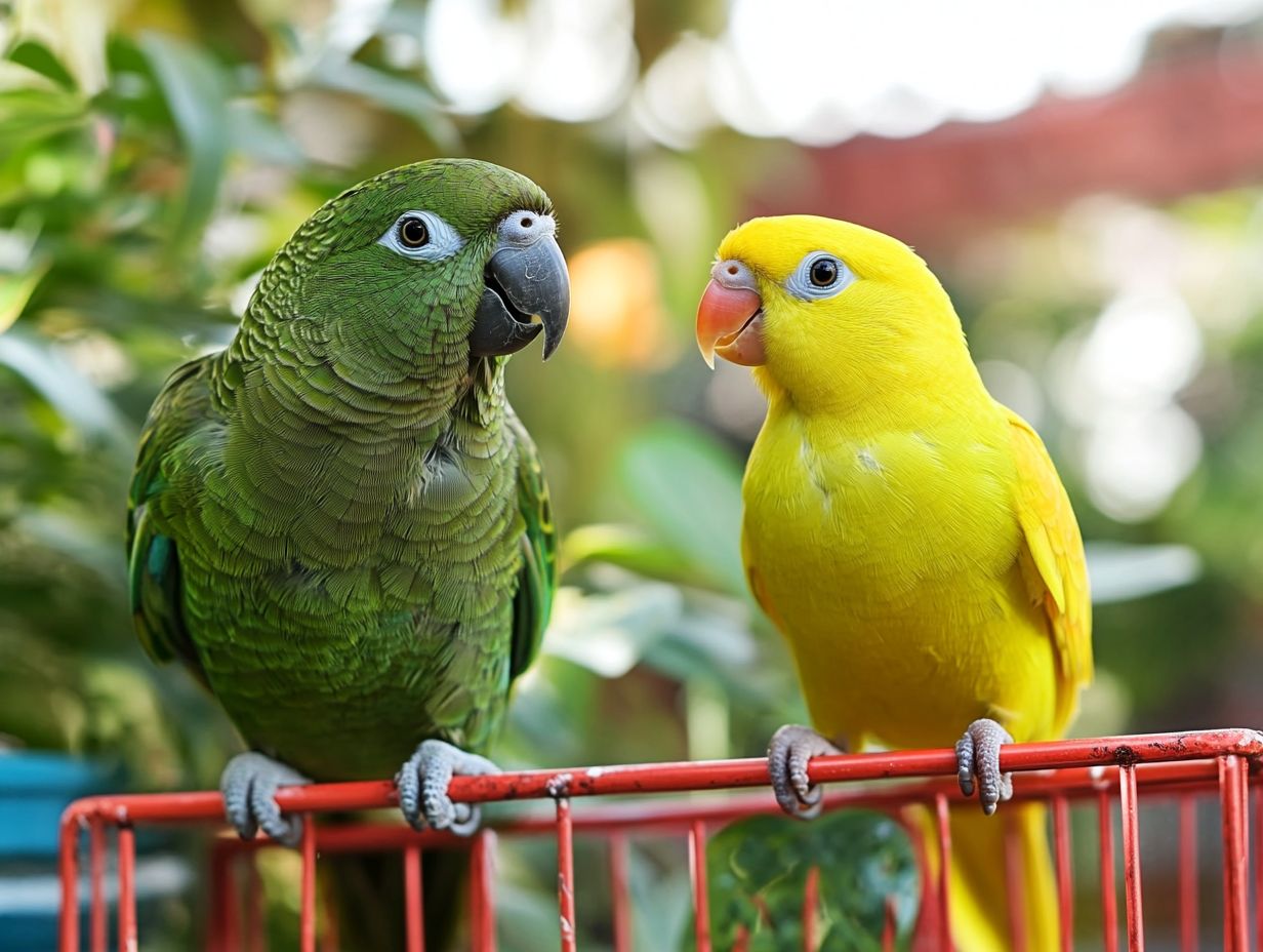 Colorful canaries singing in a beautiful cage