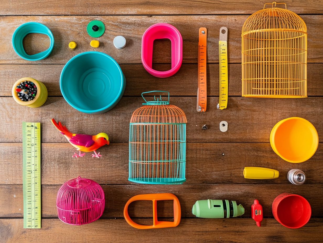 Colorful accessories arranged beautifully in a bird's cage.