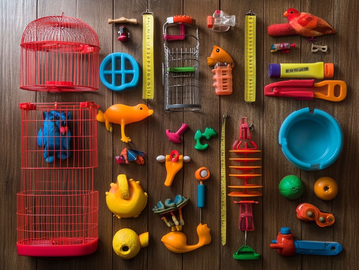 Colorful toys and enrichment items for pet birds