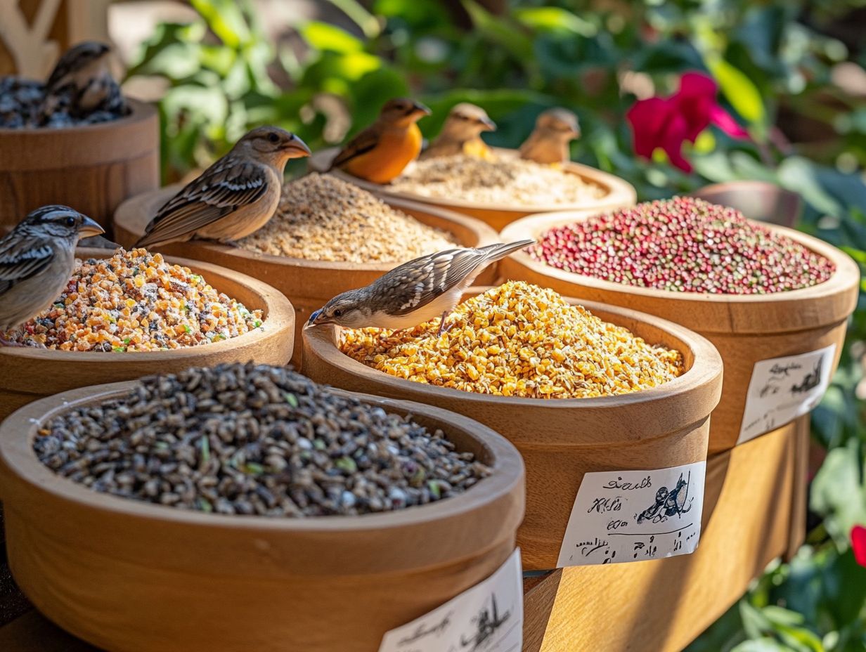 Birds enjoying a variety of nutritious foods at feeders.