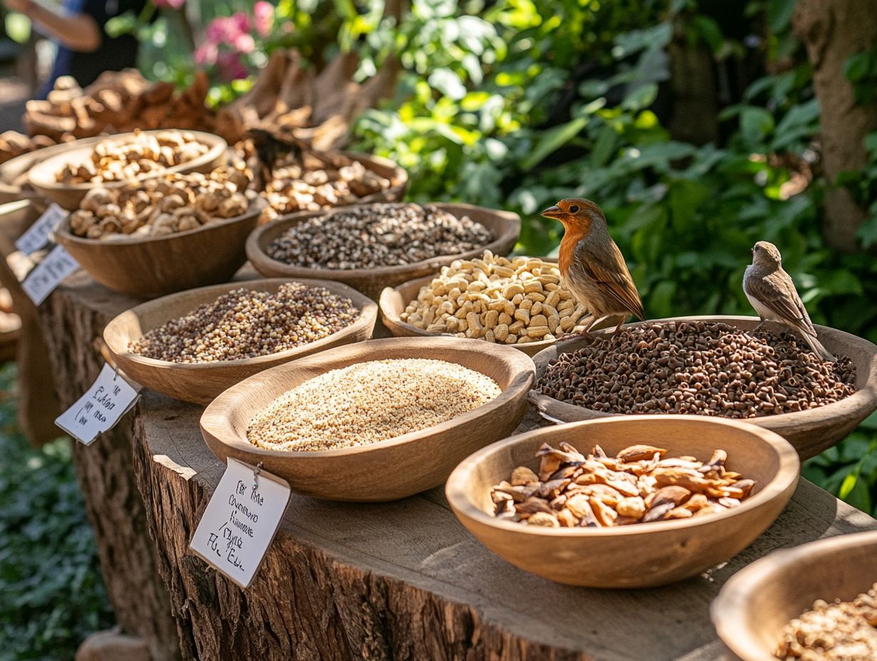 Birds enjoying a variety of nutritious foods at feeders.