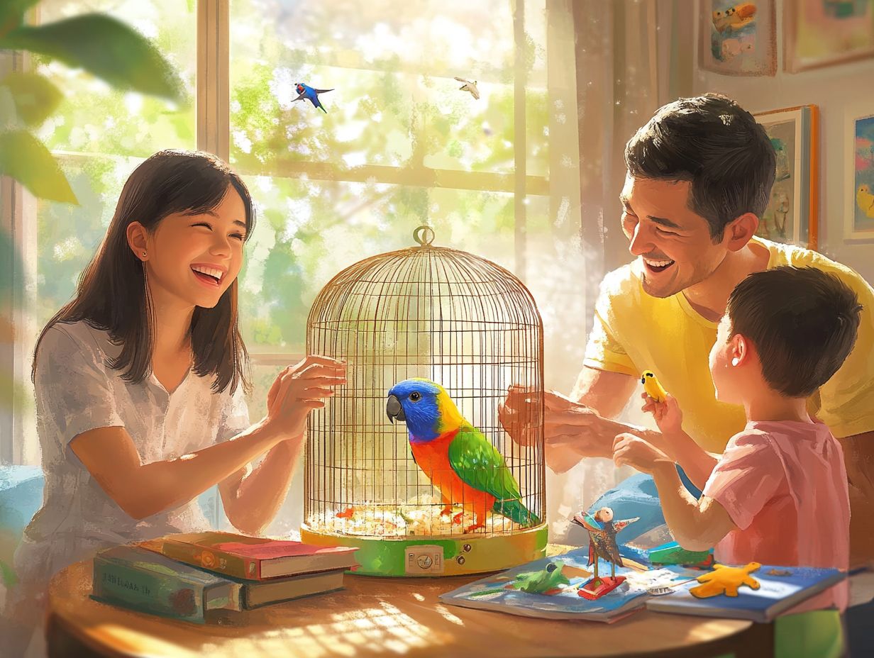 A family playing with different types of pet birds.