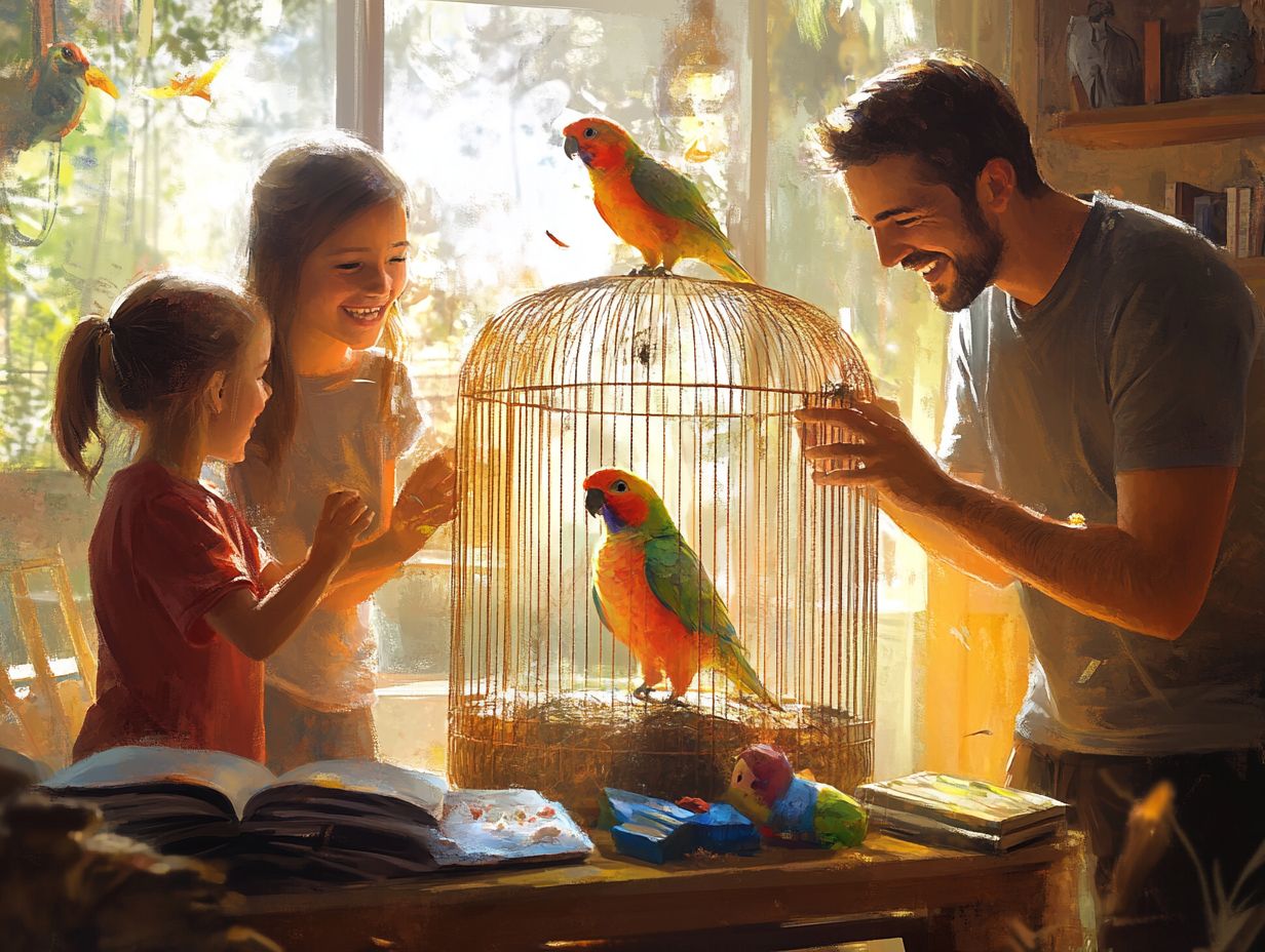 A family playing with different types of pet birds.