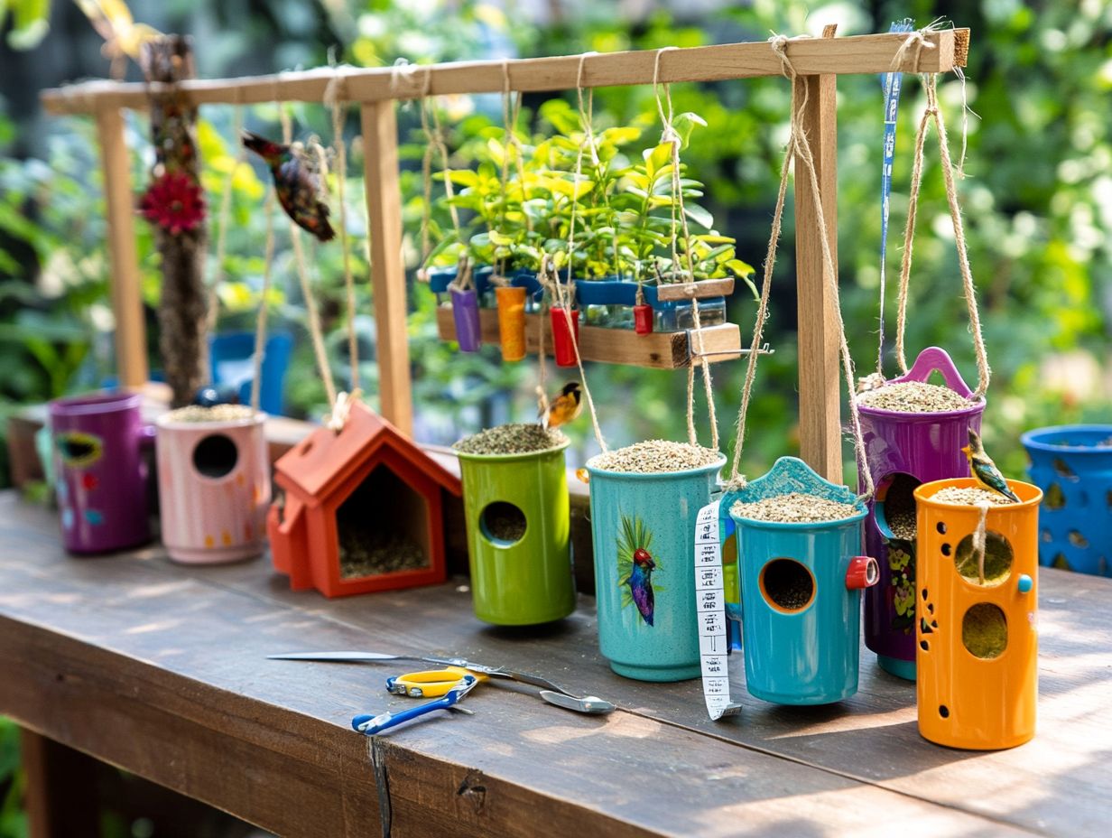 Colorful feeding stations attracting various bird species