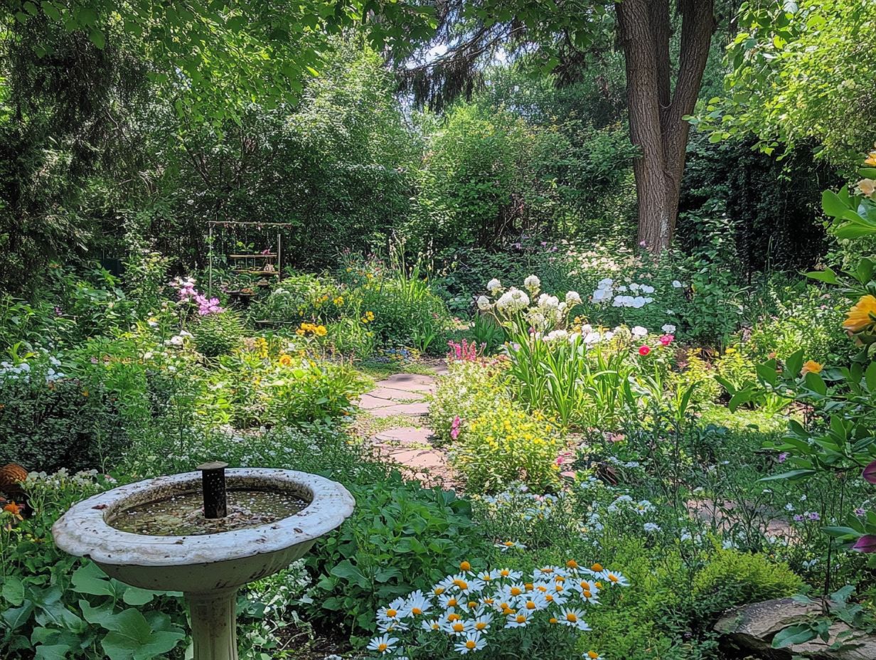 A colorful garden attracting various bird species.