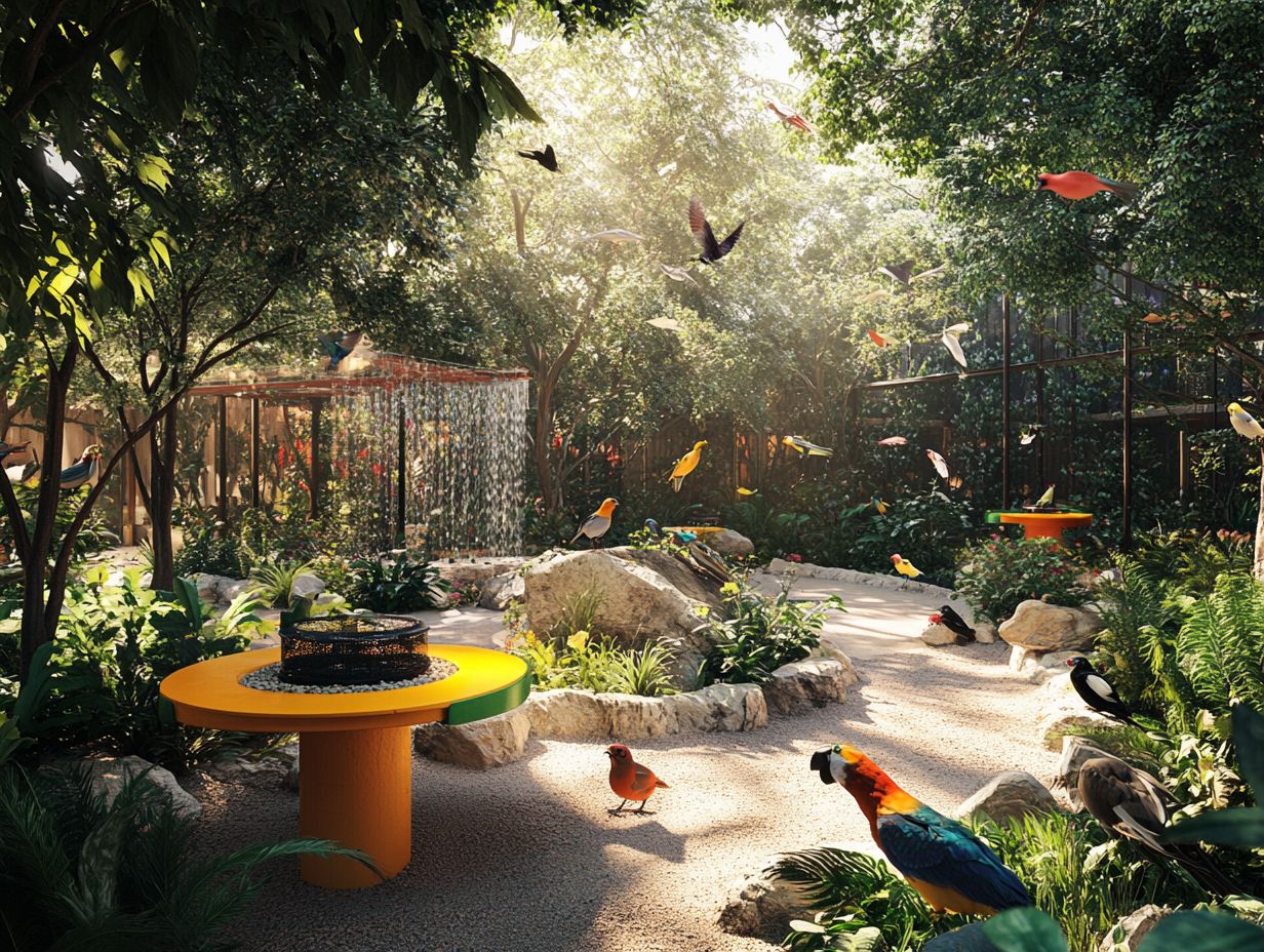 Creating a bird play area with various features and natural elements.