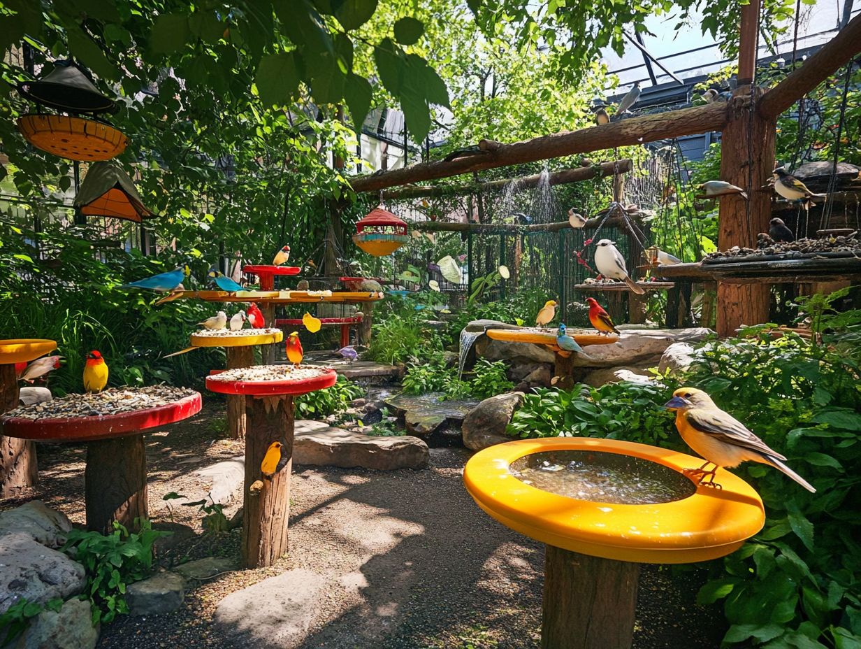 A beautifully designed bird play area featuring perches, toys, and feeders