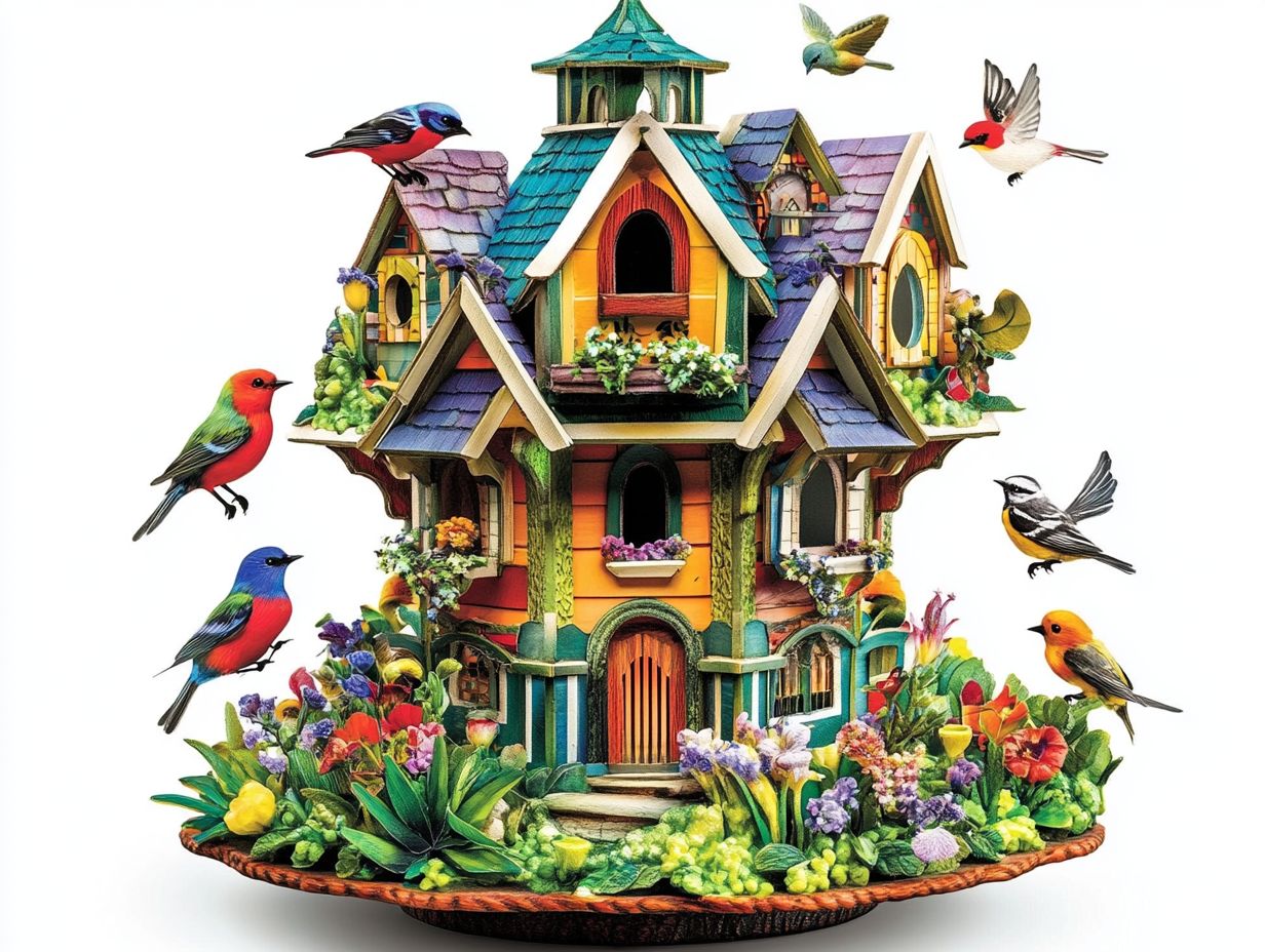 Interactive birdhouse design with features like perches and swings.