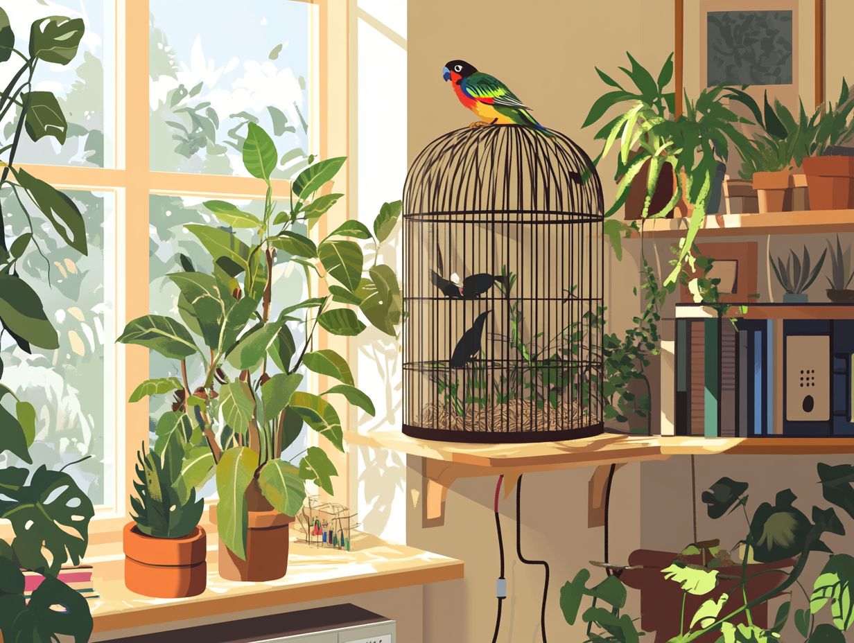 A bird sitting safely among non-toxic household plants.