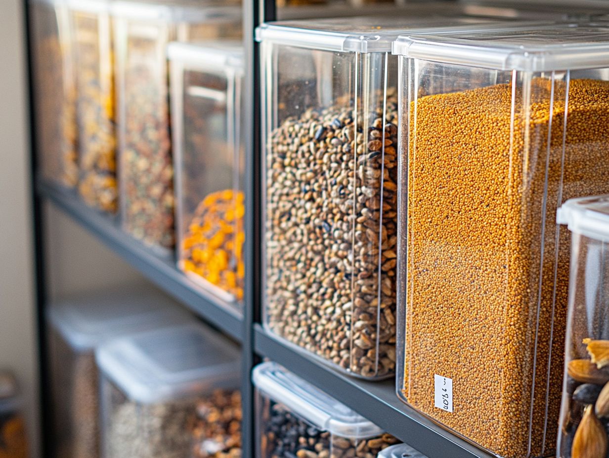 A variety of homemade bird food stored in airtight containers