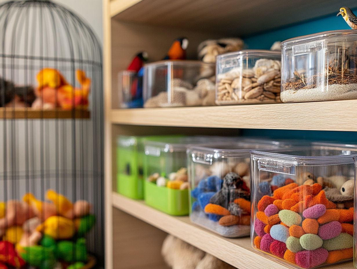 How should I store my bird's toys and accessories?