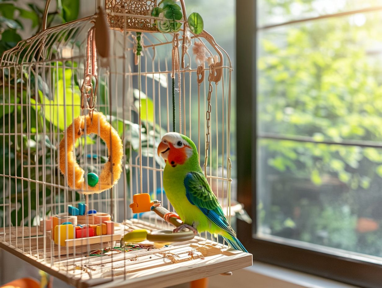 A colorful array of birdcage accessories that enhance bird play and health.