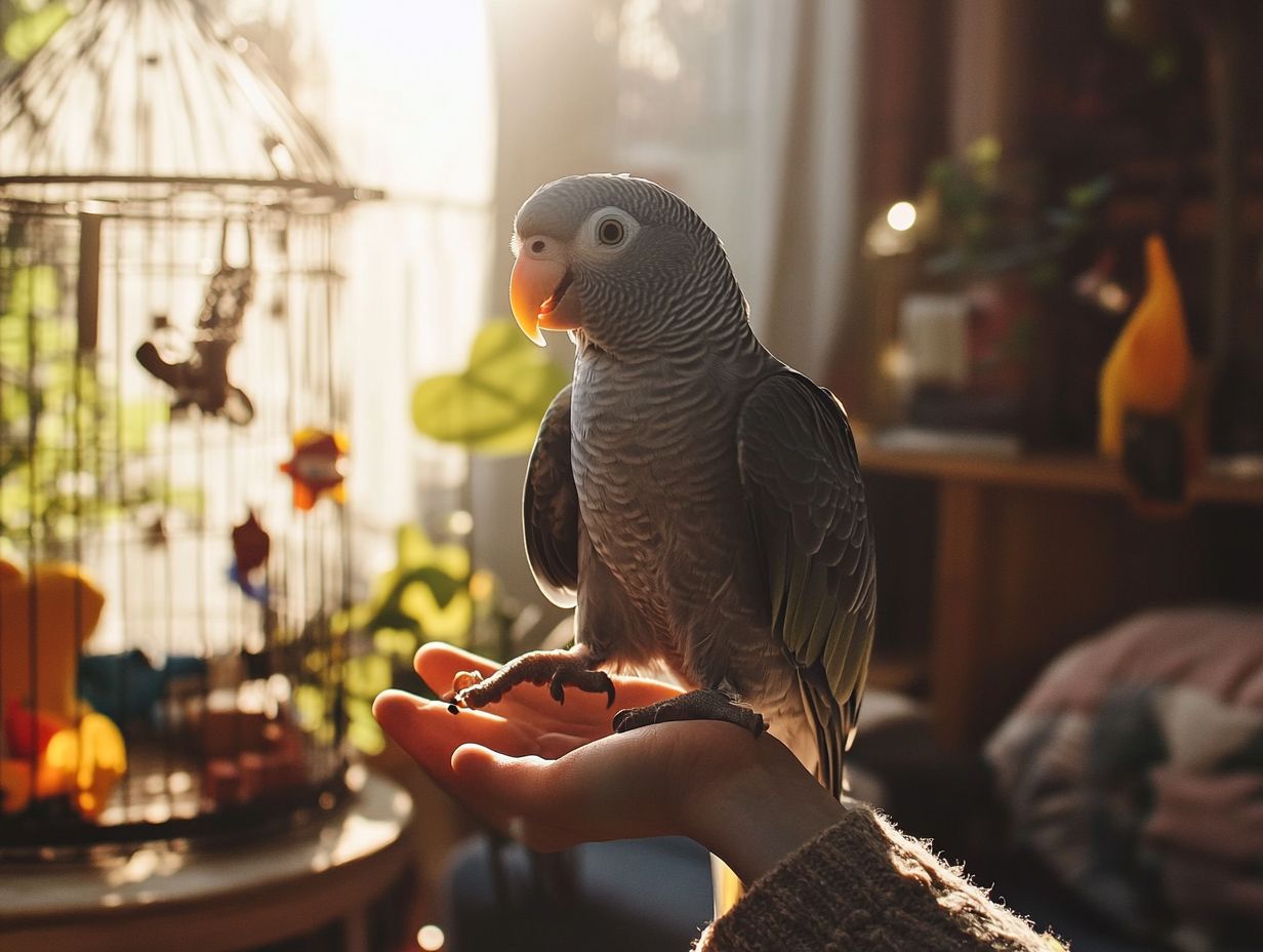 A happy older bird in a bright room.