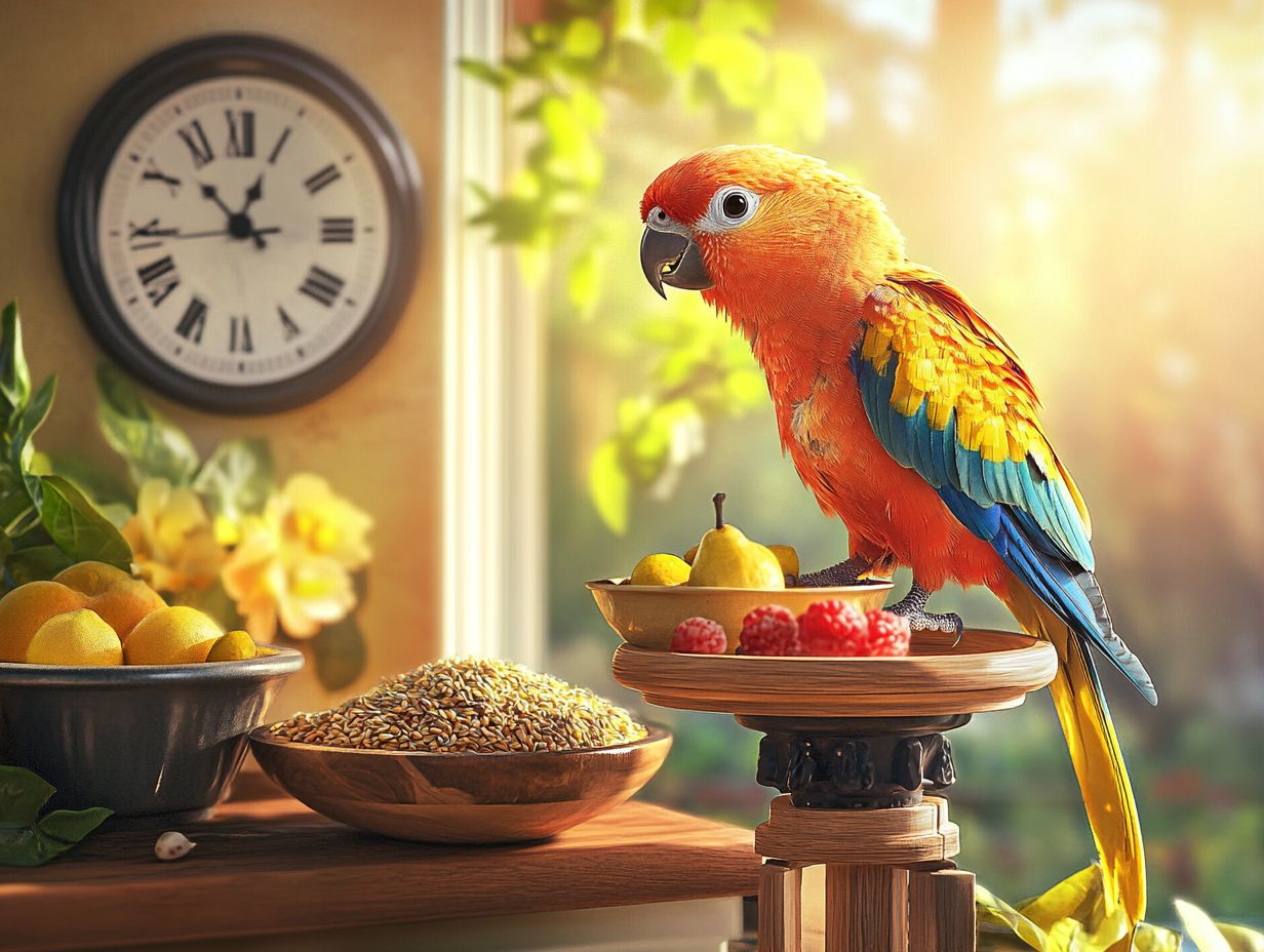 A colorful parrot being fed on a consistent schedule