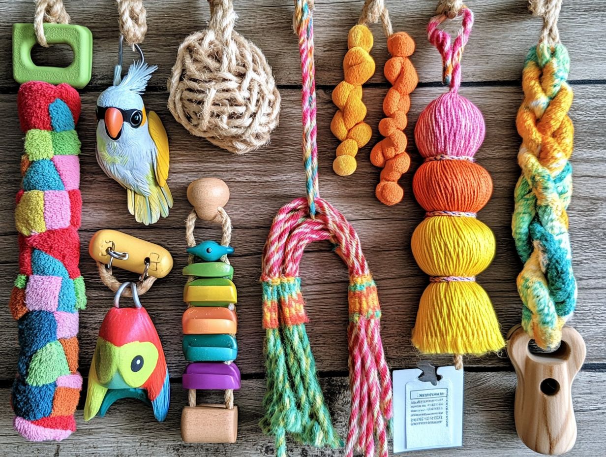 Colorful assortment of bird toys.