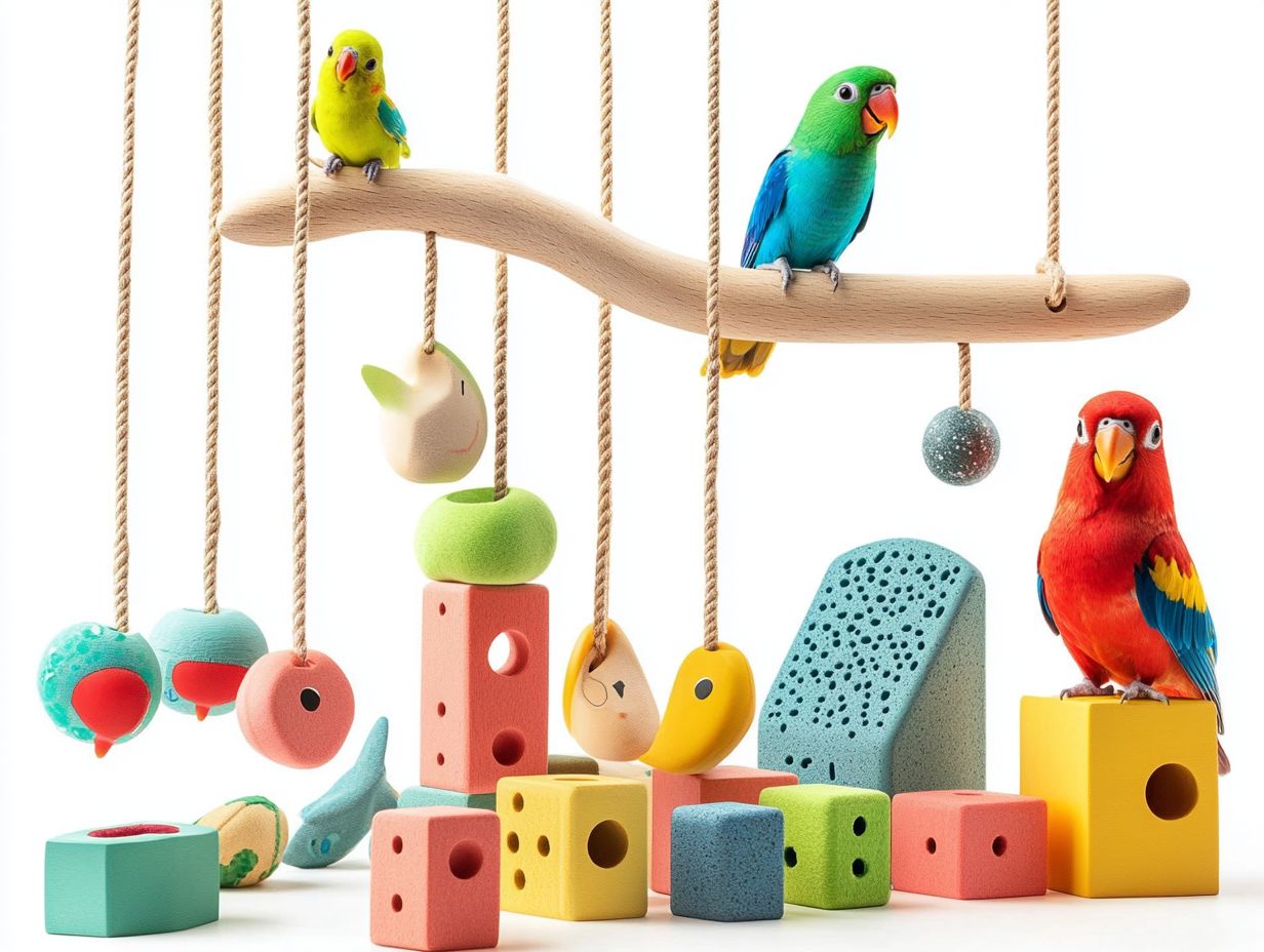 Various bird toys to enhance play and learning.