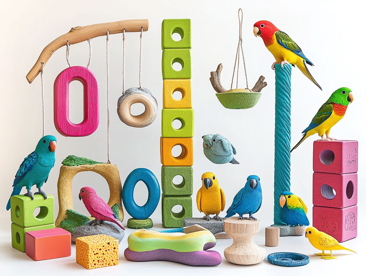 A variety of climbing toys for birds including ladders, bridges, and gyms