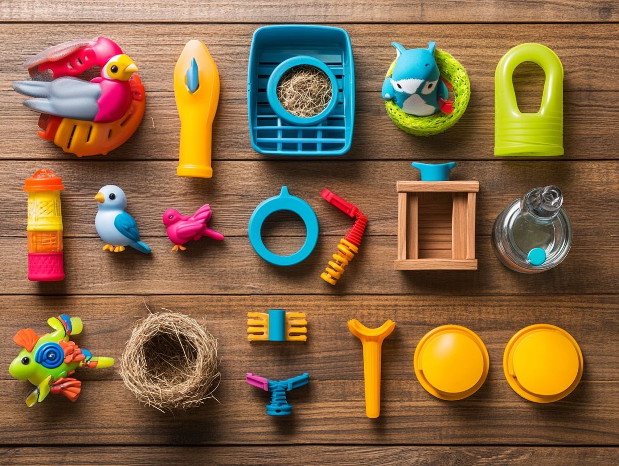 A variety of suitable toys for pet birds.