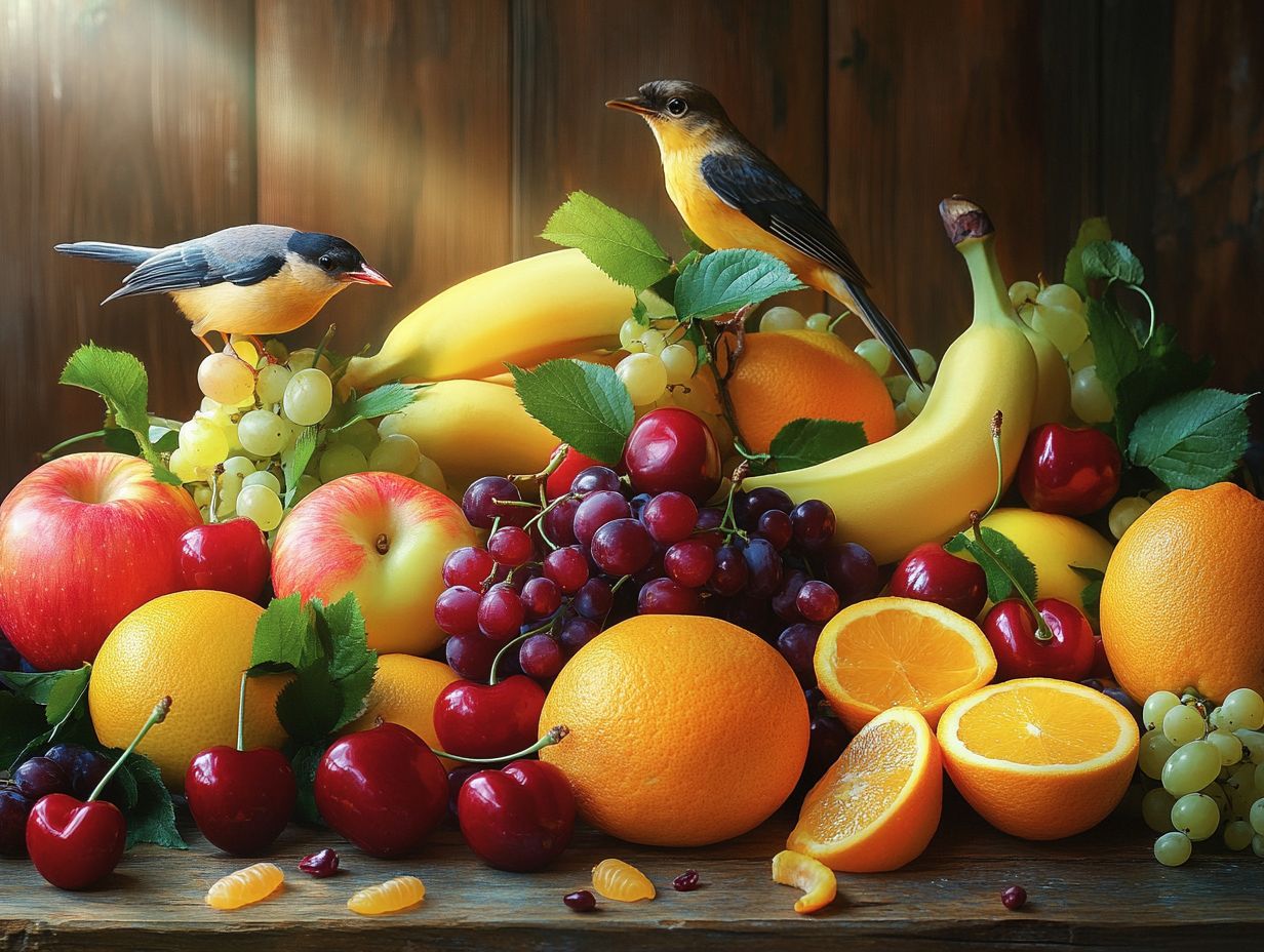 Colorful assortment of fruits that provide essential nutrients for birds.