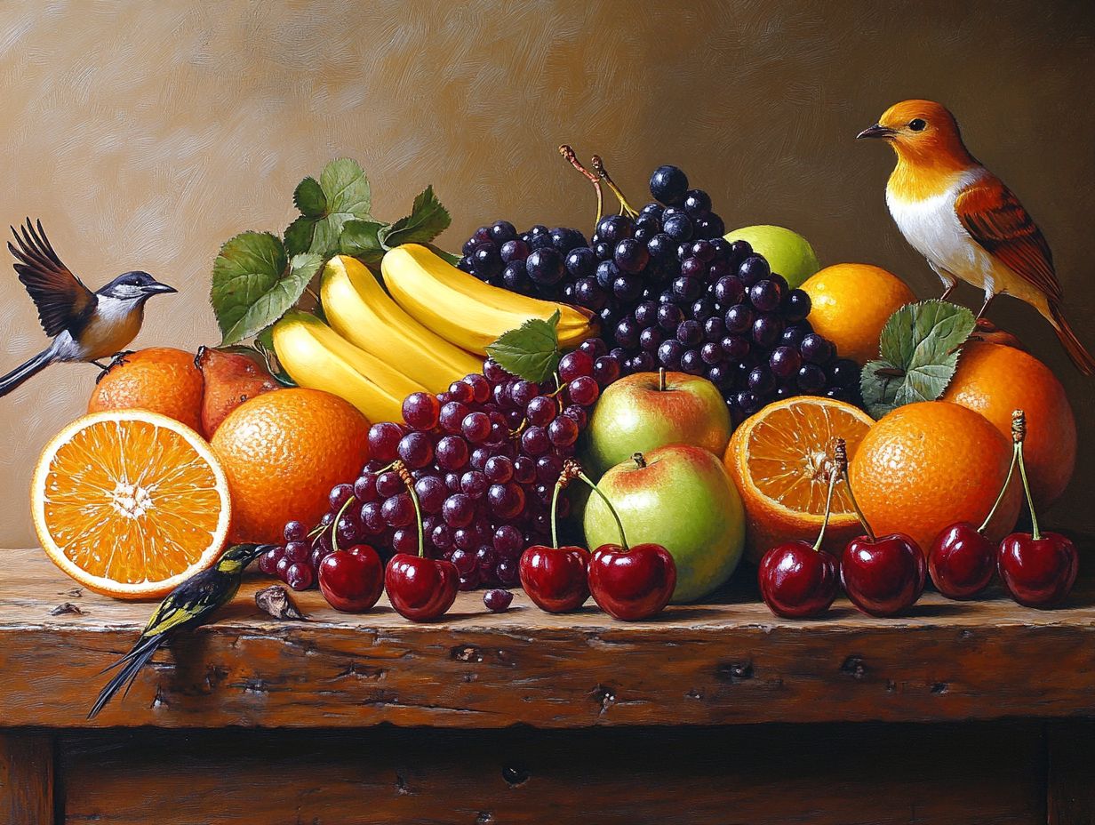 Colorful fruits that can help create a balanced diet for pet birds.