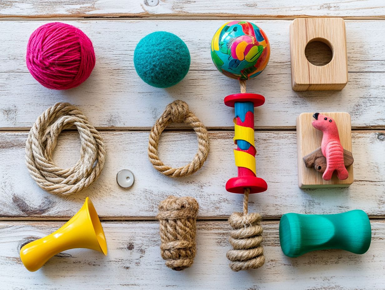 A variety of bird toys for mental and physical stimulation.