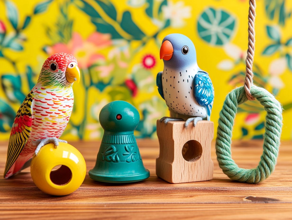 A variety of toys designed to address behavioral issues in birds