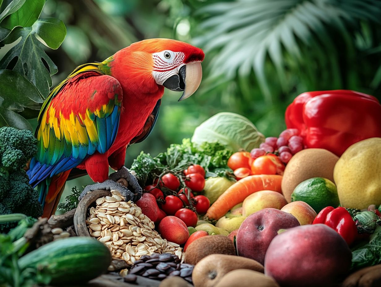 A colorful parrot enjoying a balanced meal and appropriate portion sizes