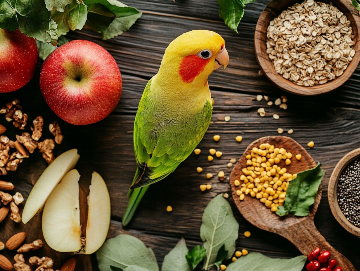 A colorful array of food for pet birds