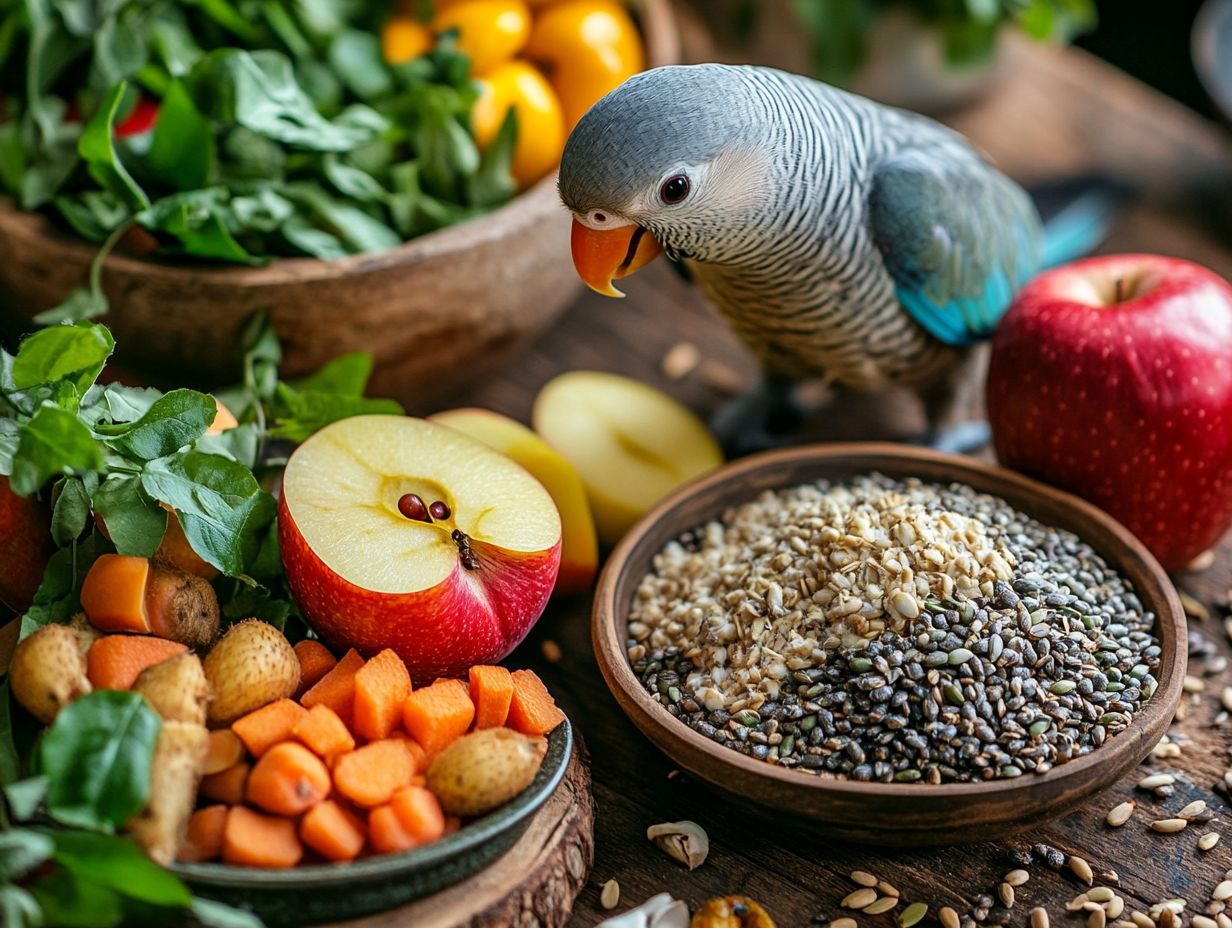 A colorful assortment of fruits and vegetables ideal for pet birds.